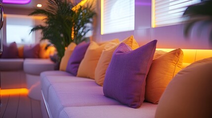 A vibrant lounge with plush purple and orange cushions creates a serene atmosphere
