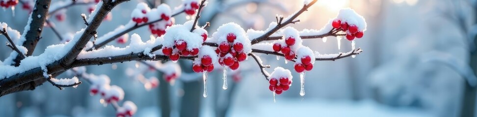 Snowy tree with branches laden with red berries and icicles hanging from them, nature, deciduous
