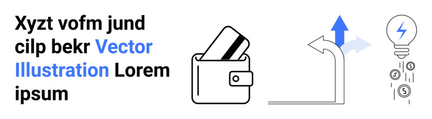 Wallet with credit cards, arrow pointing upwards, and a light bulb on a circuit board. Ideal for finance, investment, growth, innovation, technology progress and energy concepts. Landing page