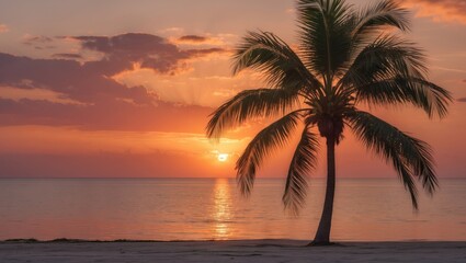 Fototapeta na wymiar Serene Sunset Over Tranquil Waters with Isolated Palm Tree Silhouette Against Colorful Sky Reflecting Warm Tropical Vibes
