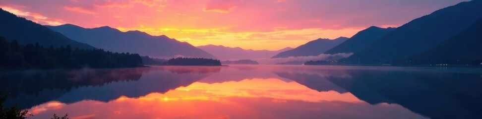 Sunset reflection on Rhine river bank with misty mountains, reflections, mist