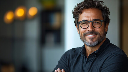 Fototapeta premium A confident, mature man with a warm smile and kind eyes, exuding strength and gentleness, subtly framed against a softly blurred background of warm, inviting light.