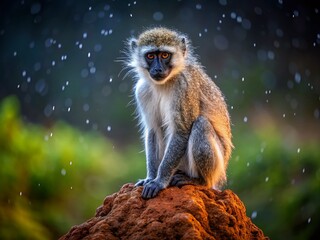 Obraz premium Wet Vervet Monkey Resting on Termite Mound, Kruger National Park, South Africa