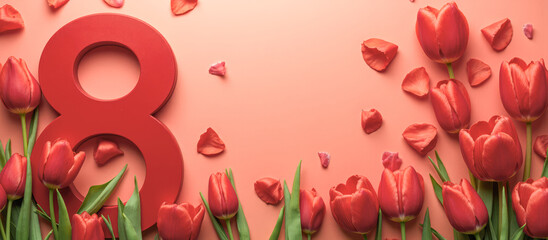 Obraz premium Vibrant red tulips, petals, 8 march, large number eight, pink background, celebrating women's day, festive card, spring flowers, elegant greeting, beauty, March eighth