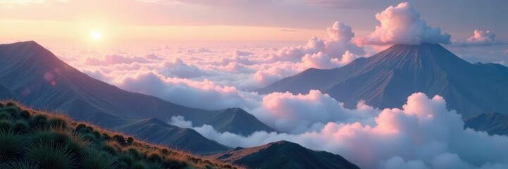 Fototapeta premium Surreal landscape with swirling clouds and mountains, foggy, hills