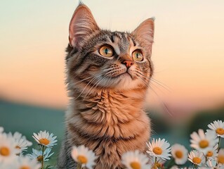 Obraz premium Captivating cat portrait amidst daisies at sunset nature photography in a tranquil environment
