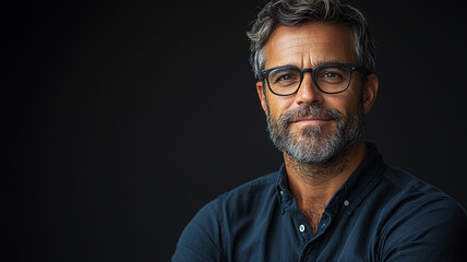 Obraz premium A contemplative middle-aged man with salt and pepper hair and glasses, exuding quiet confidence against a dark background.