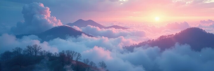 Fototapeta premium Swirling clouds of iridescent mist float above a serene landscape, mist, dreamy, atmosphere