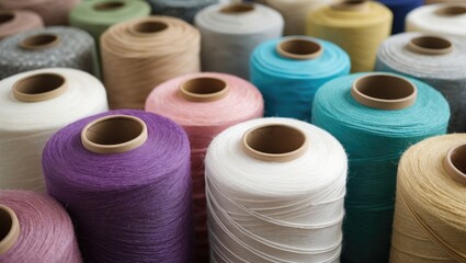 Colorful textile spools showcasing various fibers arranged in a vibrant pattern for textile and craft design inspiration.