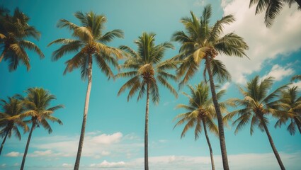 Tropical palm trees against a vibrant turquoise sky creating a vintage seaside vacation atmosphere ideal for travel and nature themes.