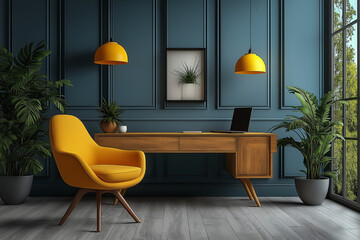 Photographie immobili&egrave;re d&rsquo;un bureau moderne minimaliste avec mobilier en bois et chaise ergonomique. id&eacute;al pour travail &agrave; domicile, entreprenariat, t&eacute;l&eacute;travail.