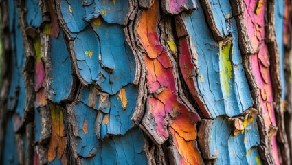 Colorful textured bark of a sycamore tree showcasing vibrant hues of blue, orange, and green in a natural abstract background.