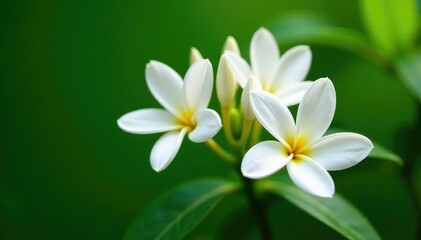 Fototapeta premium White blooms of Dendrophylax lindenii against a green background, flowers, tropical tree, dendrophylax