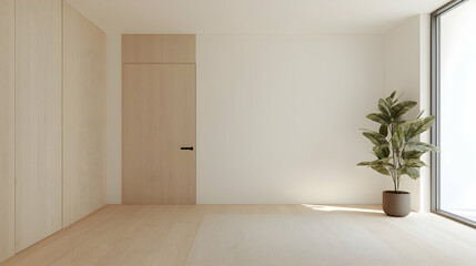 Fototapeta premium Minimalist light room interior design, plant, sun