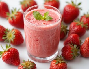Glass of delicious strawberry homemade smoothie on white background