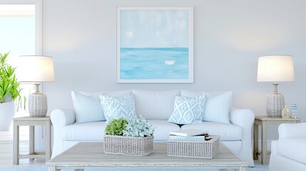 Modern Coastal Living Room, bright hues, airy fabrics, ocean-themed decor, spacious layout, inviting atmosphere, designed for relaxation and tranquility by the sea