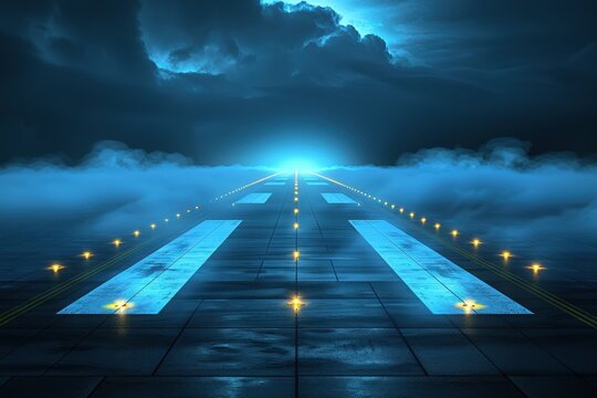 A mysterious runway illuminated by blue lights, partially obscured by fog, under a dramatic, cloudy sky.
