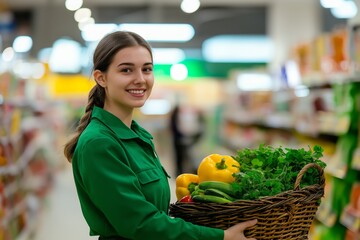 A smiling young woman supermarket clerk in a bright green uniform holds a basket of fresh vegetables against the background of the store.