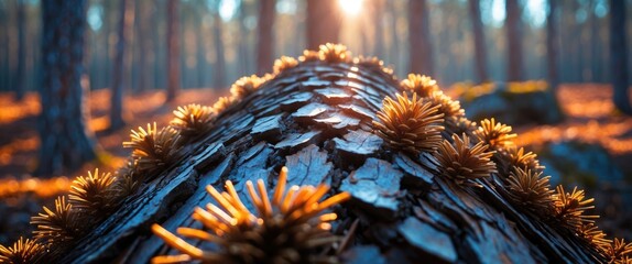 Close-up of textured pine bark with moss and sunlight filtering through trees in a serene forest setting during early spring evening.