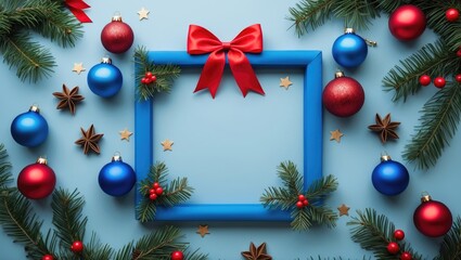Festive Christmas flat lay arrangement featuring a blue frame, red bow, blue and red ornaments, and pine branches on a light blue background.