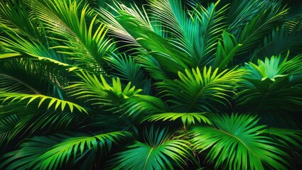 Lush green palm leaves creating a vibrant tropical foliage background rich in texture and natural beauty for design use.