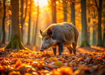 Wild Boar Foraging in Autumn Woods - Majestic Forest Mammal