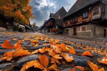 A picturesque autumn scene featuring cobblestone streets lined with quaint houses and vibrant orange leaves scattered across the ground.