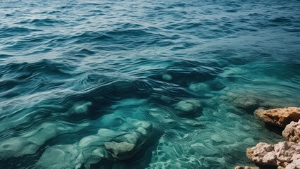 Mediterranean Sea water texture showcasing vibrant blue tones and rocky shoreline, highlighting natural beauty and crystal-clear depths.