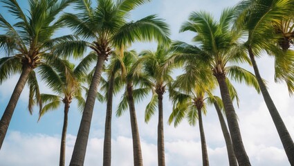 Fototapeta premium Tropical Palm Trees with Lush Green Fronds against a Bright Sky Promoting a Relaxed and Inviting Ambiance Ideal for Nature Themes