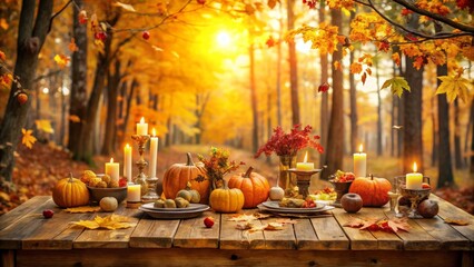 Obraz premium Autumn Celebration with Pumpkins and Candles in Vibrant Forest