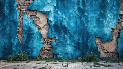 Fototapeta premium Textured blue wall with peeling paint and exposed stone, showcasing a weathered and artistic appearance in a dilapidated setting.