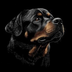 Fototapeta premium Noble Rottweiler Portrait Black Background Artistic Render Capturing Canine Breed Elegance and Charisma