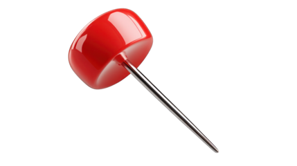 A classic red push pin with a shiny plastic head and a sharp metal point. Suitable for office, school, or organization-themed visuals. 