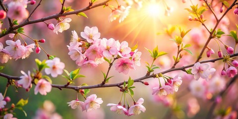 Blooming Cherry Blossom Branch with Warm Sunlight in Background
