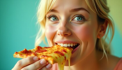 Naklejka premium Pepperoni pizza and a beautiful girl eating it, close-up