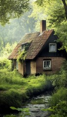 Fototapeta premium Charming peat hut surrounded by lush greenery in drenthe, netherlands capturing rural serenity
