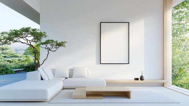 Modern Japandi Living Room, a harmonious blend of Scandinavian minimalism and Japanese elegance, featuring clean lines, earthy tones, and a serene atmosphere, promoting tranquility and comfort.