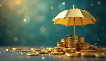 Golden umbrella covers shiny coins stacks financial protection, investment security against market risks, uncertainties. Wealth management planning, banking savings, insurance coverage, retirement