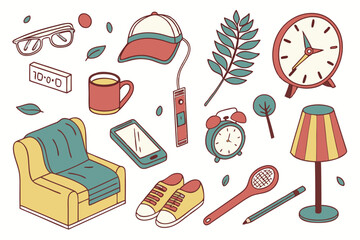 57 Household items illustration, everyday objects, colorful hand-drawn style, toothbrushes, glasses, hairbrush, shower cap, popcorn, coffee mug, teapot, mobile phone, shoes, clock, electric fan, alarm