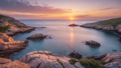 Fototapeta premium Tranquil Coastal Sunset Over Rocky Shores With Calm Waters Ideal For Relaxation Aesthetic And Text Overlay
