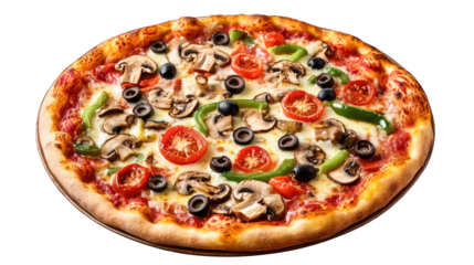 A delicious vegetarian pizza loaded with mushrooms, tomatoes, mozzarella, peppers, and black olives. Perfect for food menu designs or Italian cuisine themes. 