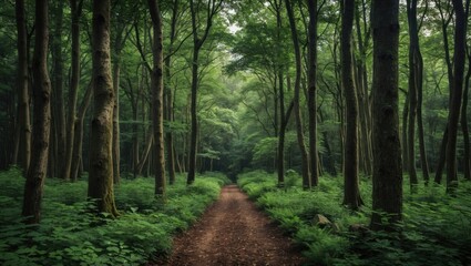 Obraz premium Lush green forest path surrounded by tall trees and dense foliage inviting exploration in a serene natural setting