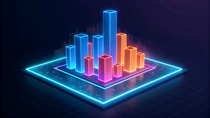 A neon-lit bar graph glowing vibrantly against a dark reflective surface, symbolizing growth and advancement in technology or business JPEG file download