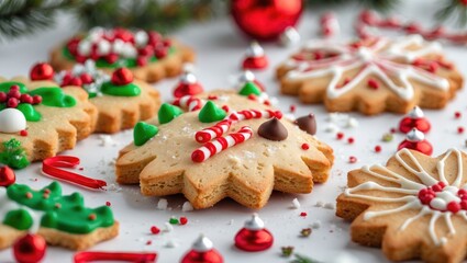 Decoratively iced Christmas cookies with festive toppings and ornaments on a bright background for holiday-themed culinary imagery.