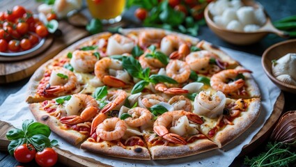 Delicious Shrimp and Seafood Pizza Topped with Fresh Basil and Ingredients on a Wooden Table with Tomatoes and Herbs
