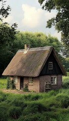 Fototapeta premium Charming peat hut surrounded by lush greenery in drenthe, netherlands a glimpse of rural life