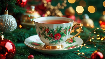 Fototapeta premium Christmas Tea Cup Surrounded by Holiday Decorations and Twinkling Lights in a Festive Green Setting