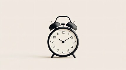 Classic black alarm clock indicating morning time beside a neutral background for minimalist aesthetic