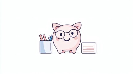 Obraz premium Cute cartoon piggy bank with glasses sits beside a desk organizer full of pens and a notepad in a minimalistic workspace