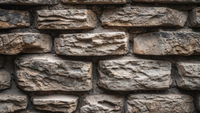 Detailed close-up of an ancient stone wall showcasing textured weathered rocks in natural earthy tones ideal for backgrounds and architectural designs.